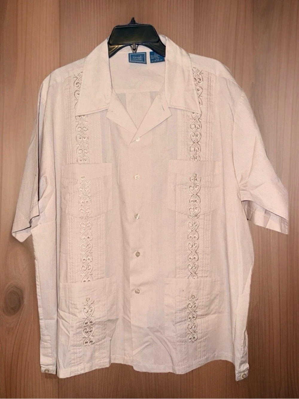 Vtg Men’s TropiCool Guayabera Button up Shirt-XL-CREAM-Embroidered-Pockets-EUC